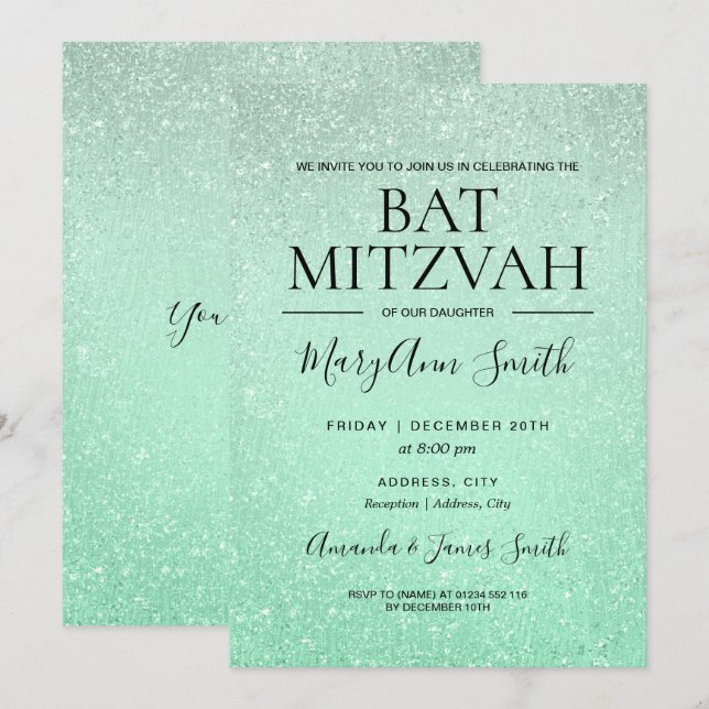Mint Green Bat Mitzvah Faux Glitter Paint Invitation (Front/Back)