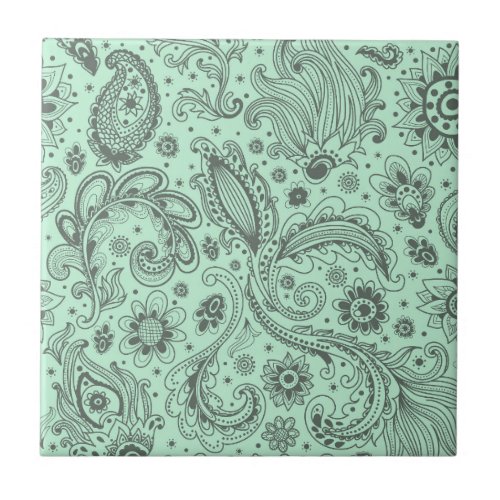 Mint Green Batik boho style floral paisley pattern Ceramic Tile