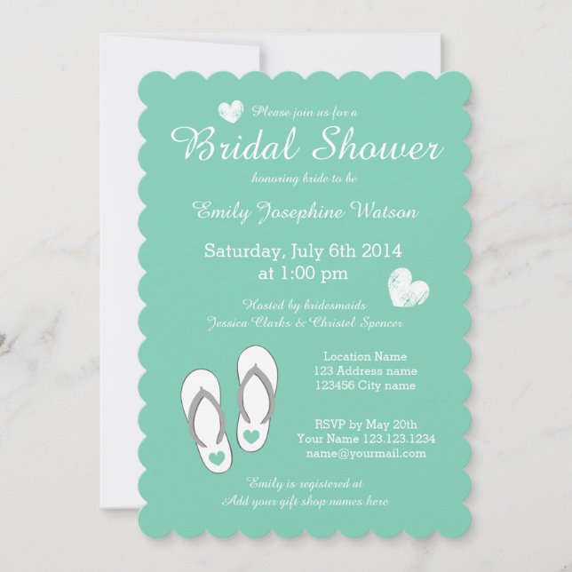 Mint green beach theme bridal shower invitations (Front)