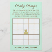 Mint Green Bear Baby Shower Bingo Game Flyer