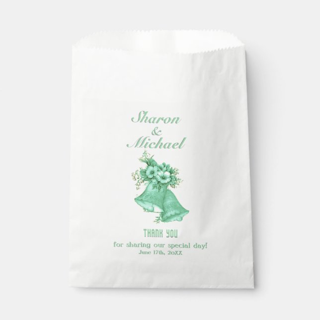 Mint Green Bells Wedding Favor Bag Names and Date (Front)