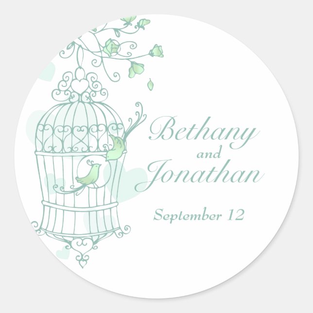 Mint green birds open cage wedding couple sticker (Front)
