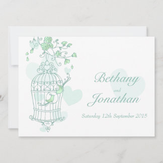 Mint green birds open cage wedding invitation