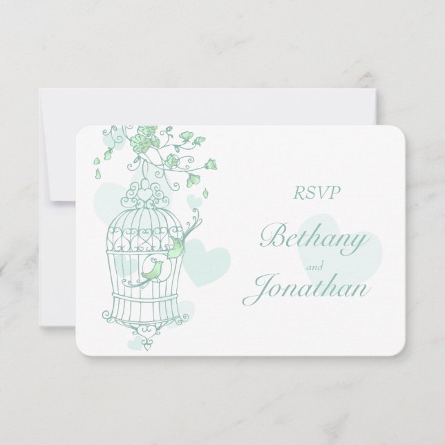 Mint green birds open cage wedding RSVP Card (Front)