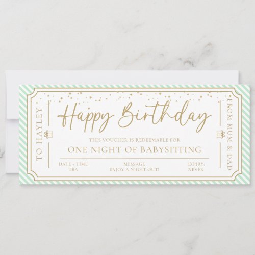 Mint Green Birthday Babysitting Gift Voucher Card