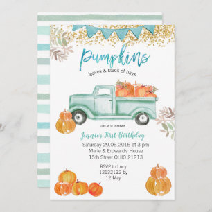 Mint Green Birthday Blue Pumpkin Truck Birthday Invitation