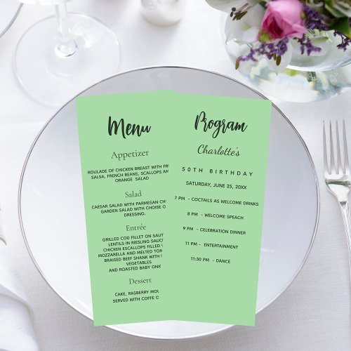 Mint green birthday program dinner menu card