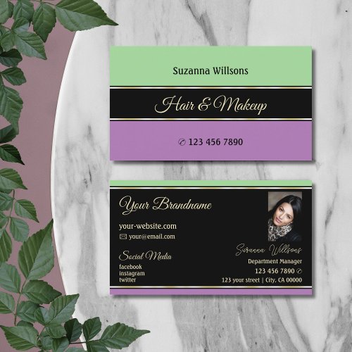 Mint Green Black and Lavender Stripes with Photo Business Card