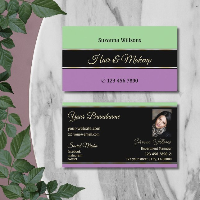 Mint Green Black and Lavender Stripes with Photo Business Card (Creator Uploaded)