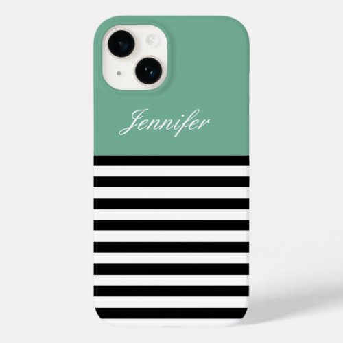 Mint Green Black And White Striped Custom Name  Case_Mate iPhone 14 Case