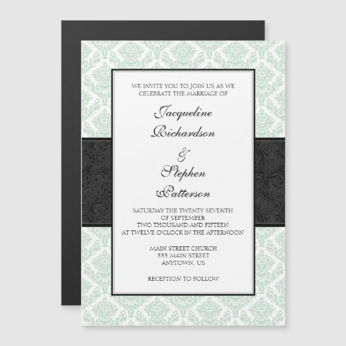 Mint Green Black Damask Magnetic Wedding Invites