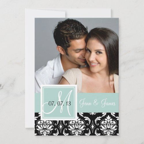 Mint Green Black Damask Photo Save the Date