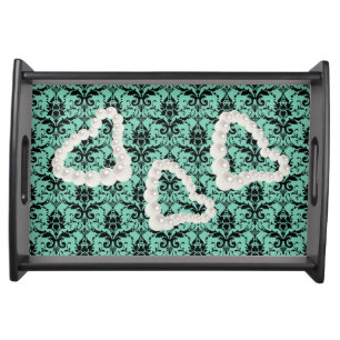 Mint Green & Black Damask Small Serving Tray