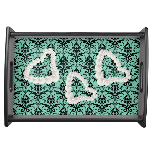 Mint Green & Black Damask Small Serving Tray (Front)