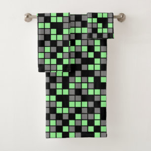 Mint Green, Black, Gray Random Mosaic Squares Bath Towel Set
