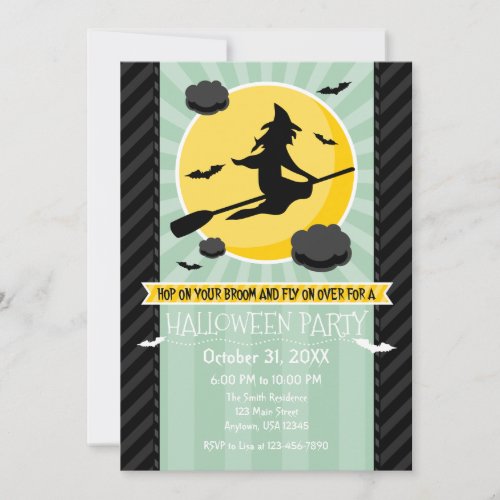 Mint Green Black Gray Witch Halloween Invitation