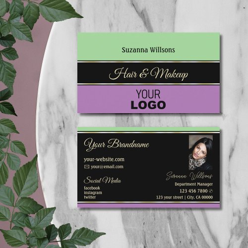 Mint Green Black Lavender Chic with Logo and Photo Business Card