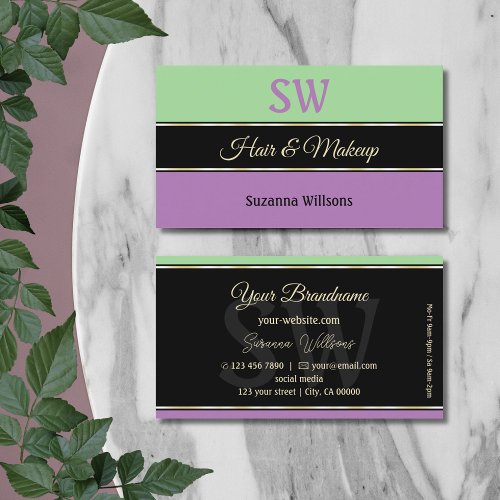 Mint Green Black Lavender Stripes with Monogram Business Card