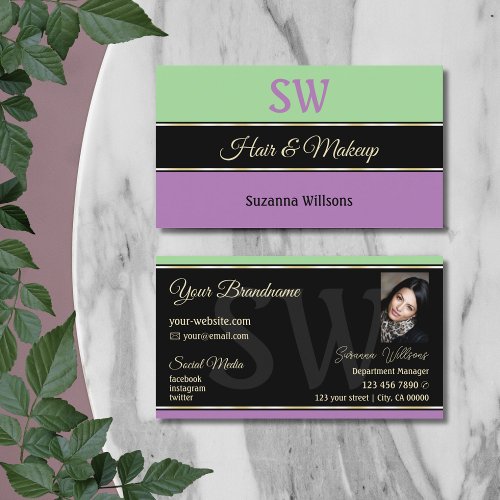 Mint Green Black Lavender with Monogram and Photo Business Card