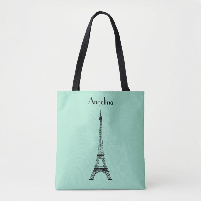Mint Green Black Paris Eiffel Tower with Name Tote Bag (Front)