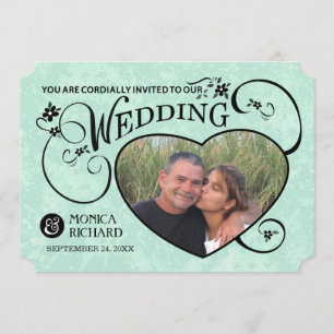 Mint Green & Black Photo Heart Wedding Invite