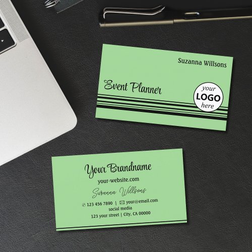 Mint Green Black Stripes with Logo Professional Business Card