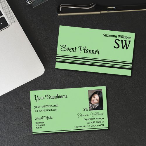 Mint Green Black Stripes with Monogram and Photo Business Card