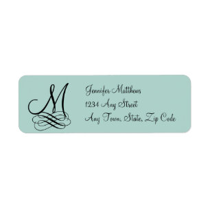 Mint Green, Black Swirls Monogram Wedding Label