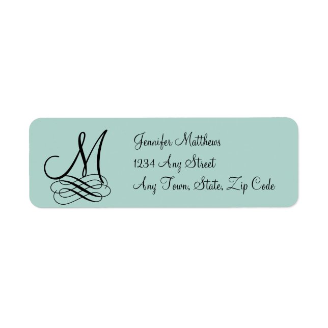 Mint Green, Black Swirls Monogram Wedding Label (Front)