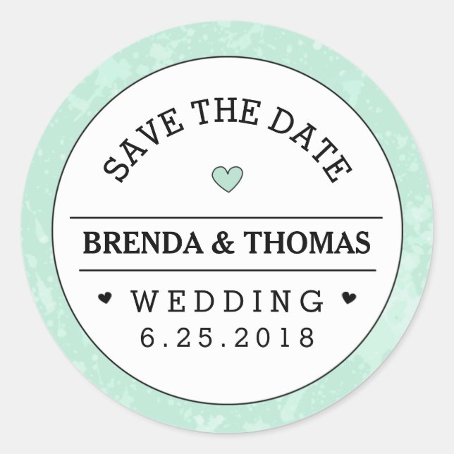 Mint Green Black & White Wedding Save the Date Classic Round Sticker (Front)