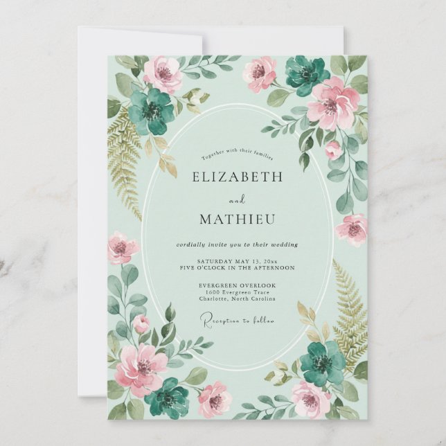 Mint Green Blissful Botanical Wedding Invitation (Front)