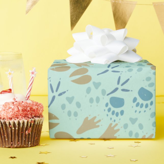 Mint Green Blue and Carmel Animal Tracks Pattern Wrapping Paper (Birthday Party)