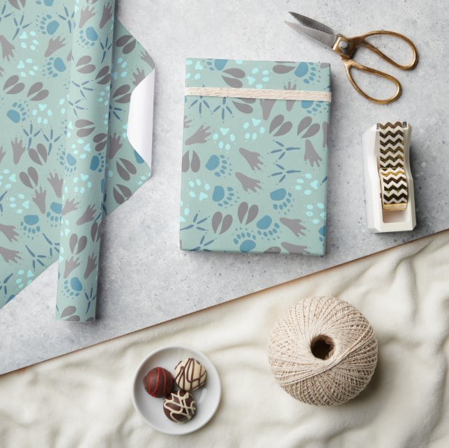 Mint Green Blue Gray Animal Tracks Pattern Wrapping Paper (Crafts)