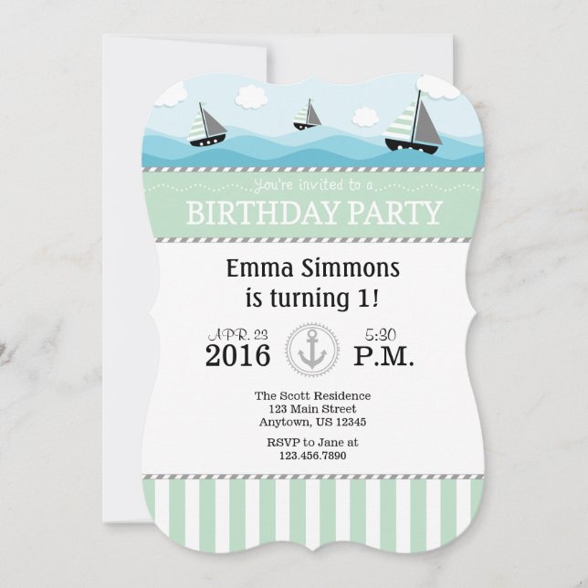 Mint Green Blue Nautical Birthday Invitation (Front)