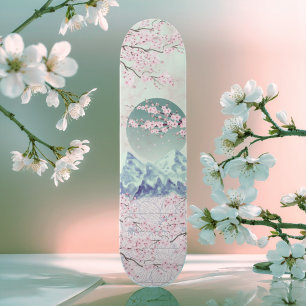 Mint Green Blue Pink Cherry Blossom Moon Mountain Skateboard