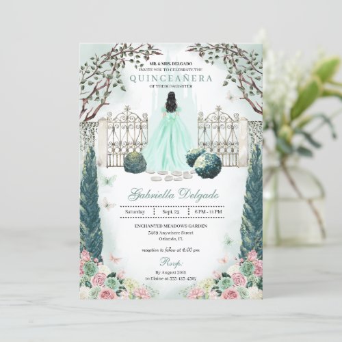 Mint Green Blush Enchanted Garden Quinceanera Invitation