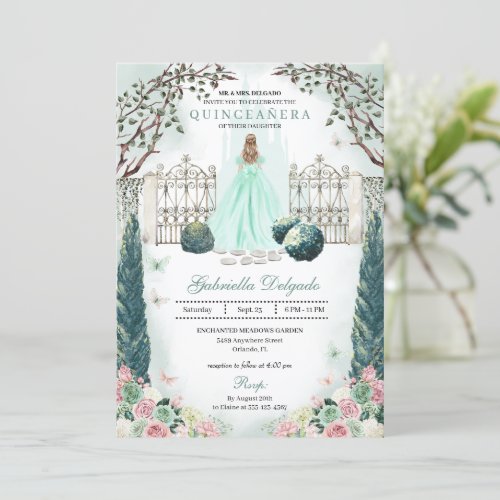 Mint Green Blush Enchanted Garden Quinceanera Invitation