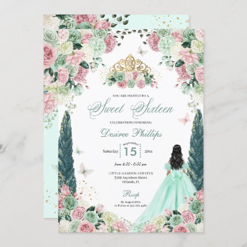 Mint Green  Blush Enchanted Garden Sweet Sixteen Invitation
