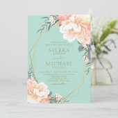 Mint Green Blush Peach Cream Gold Floral Wedding Invitation (Standing Front)