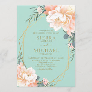 Mint Green Blush Peach Cream Gold Floral Wedding Invitation