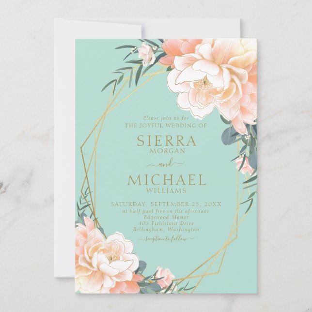 Mint Green Blush Peach Cream Gold Floral Wedding Invitation (Front)