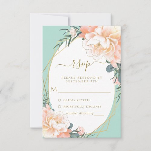 Mint Green Blush Peach Cream Gold Floral Wedding RSVP Card