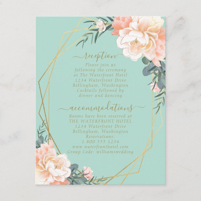 Mint Green Blush Peach Floral Gold Wedding Details Enclosure Card (Front)