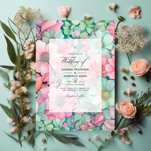 Mint Green Blush Pink and Dove Gray Wedding Invitation