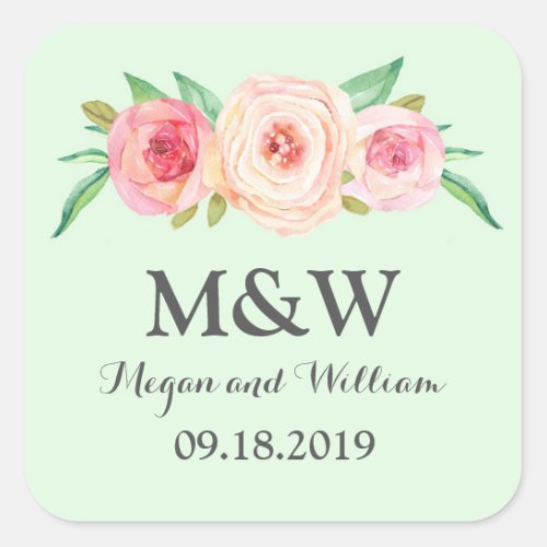 Mint Green Blush Pink Floral Monogram Wedding Square Sticker