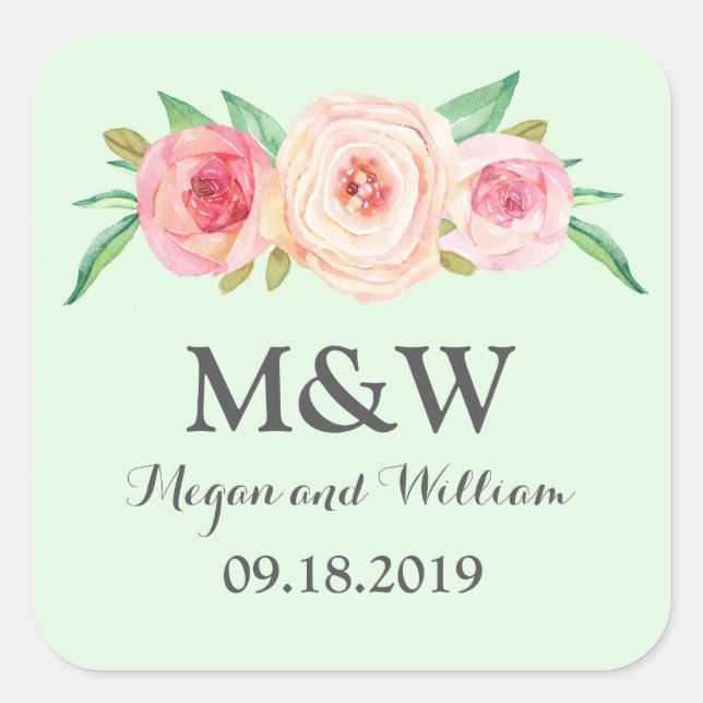 Mint Green Blush Pink Floral Monogram Wedding Square Sticker (Front)