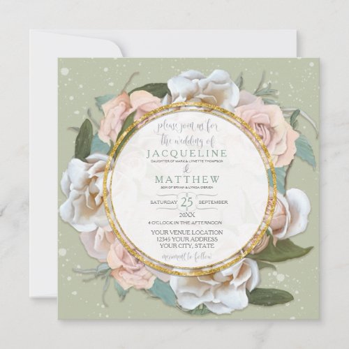 Mint Green Blush Rose Floral Gold Modern Wreath Invitation