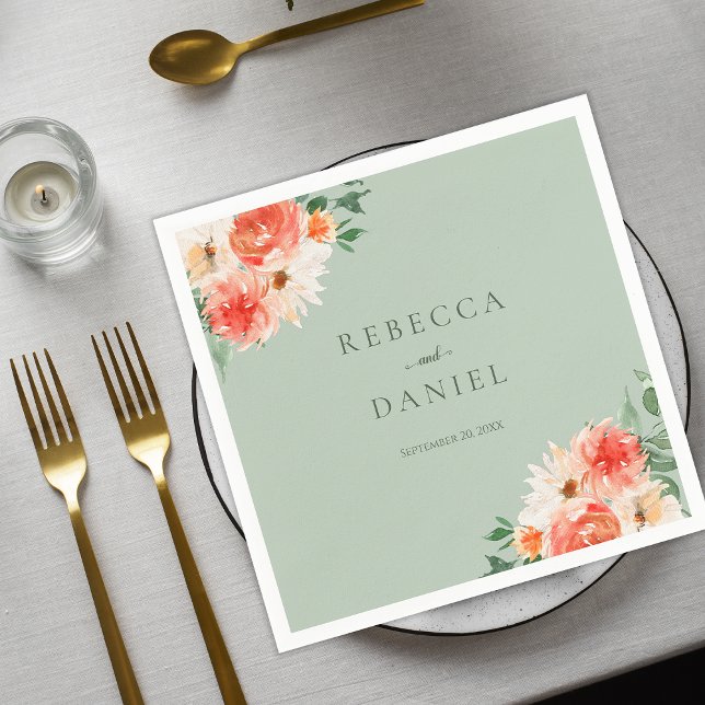 Mint Green Boho Orange Wildflowers Wedding  Napkins (Creator Uploaded)