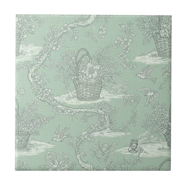 Mint Green Botanical Toile with Floral Bouquets 2 Ceramic Tile (Front)