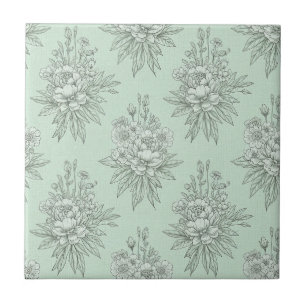 Mint Green Botanical Toile with Floral Bouquets Ceramic Tile